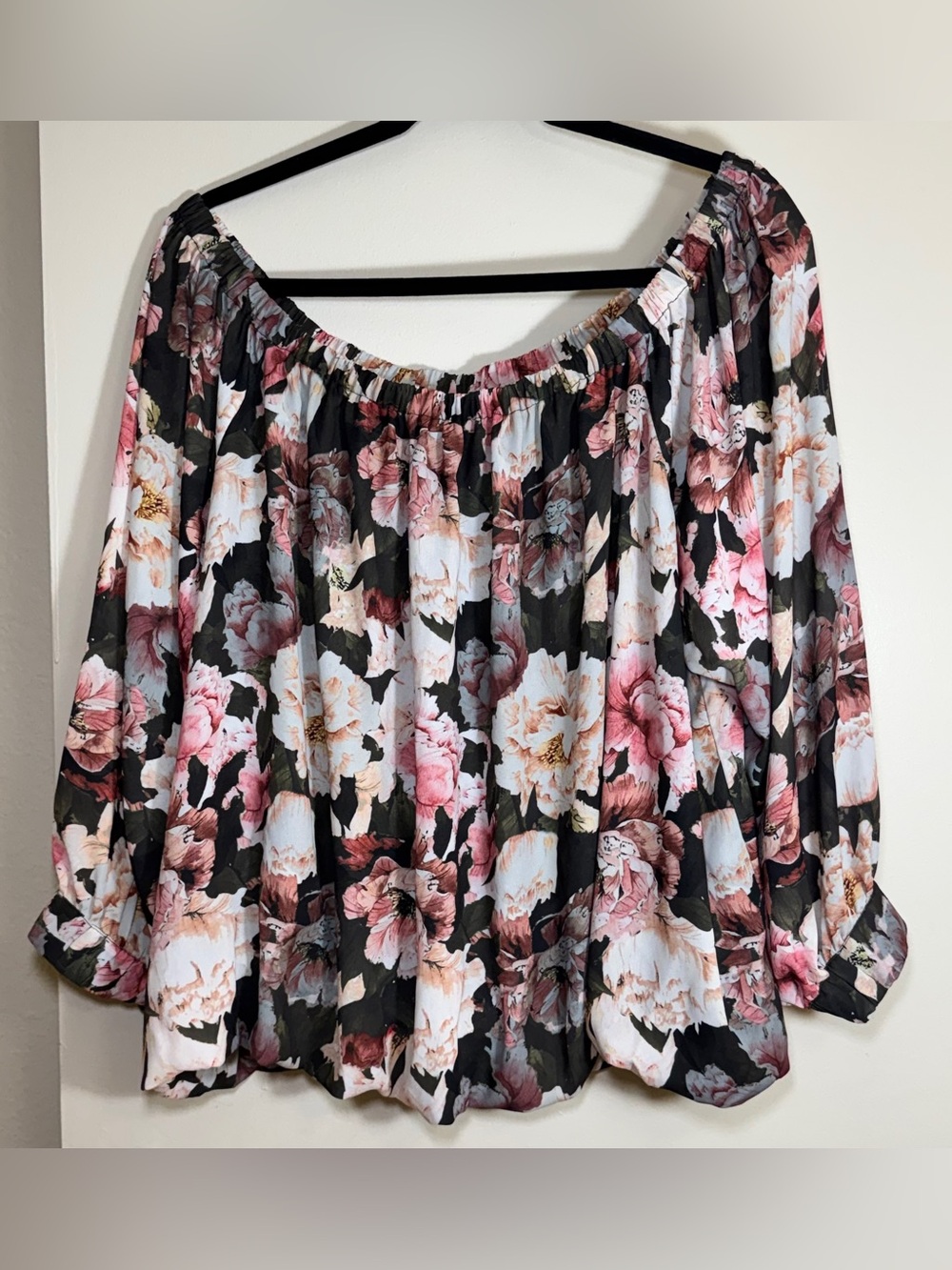 Black Label By: Chico’s Floral Off-Shoulder Blouse in Black and Pink